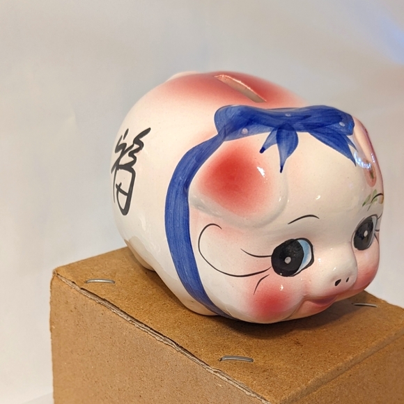Vintage Ceramic Piggy Bank Big Eyes Blue Bow With Pink Ears Rare #26 - Picture 2 of 6
